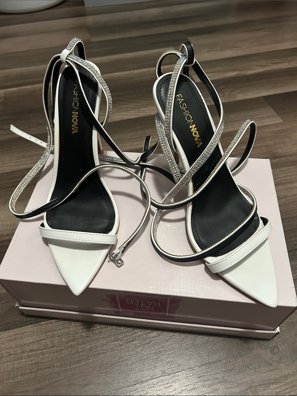 Fashion Nova White Rhinestone-Strap Pointed-Toe Ankle Wrap Heels